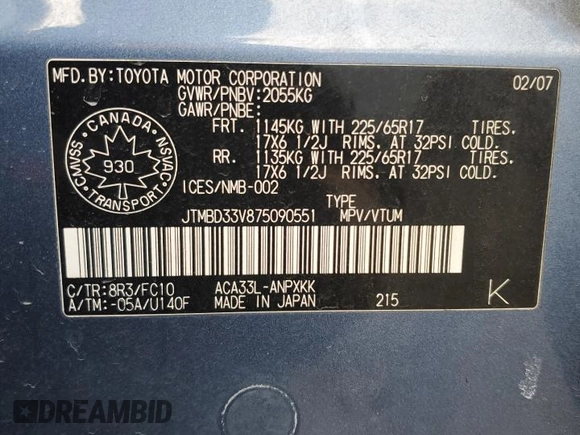 2007 Toyota RAV4 with VIN JTMBD33V875090551, listed as a Copart auction lot 53715375 with 135,463 mi miles and Clean Title. Bid and sale history available at carsss.com. Image 14.