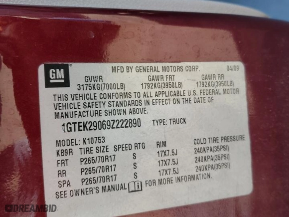 2009 GMC Sierra 1500 SLE with VIN 1GTEK29069Z222890, listed as a Copart auction lot 49048965 with 0 mi miles and Salvage Title. Bid and sale history available at carsss.com. Image 14.