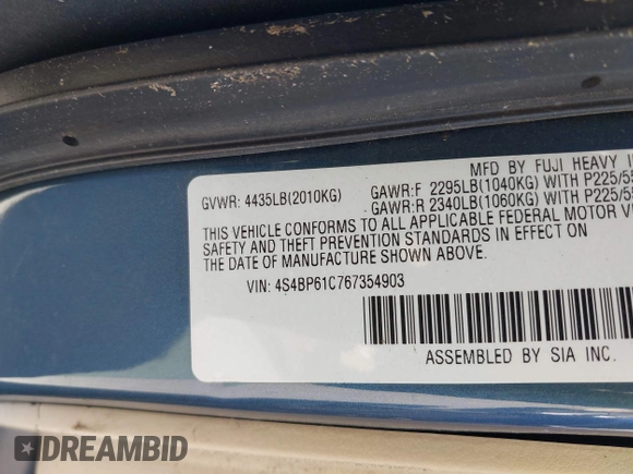 2006 Subaru Legacy Outback z VIN 4S4BP61C767354903, wystawiony jako IAAI lot #42221891 z przebiegiem 169 279 mil mil oraz . Historia ofert i sprzedaży dostępna na DreamBid. Obrazek 9.