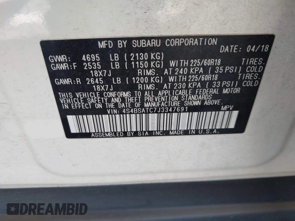 2018 Subaru Outback Touring with VIN 4S4BSATC7J3347691, listed as a IAAI auction lot 42609038 with 48,300 mi miles and . Bid and sale history available at DreamBid. Image 9.