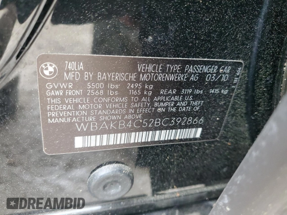 2011 BMW 7 Series 740Li with VIN WBAKB4C52BC392866, listed as a Copart auction lot 52851845 with 60,978 mi miles and Clean title. Bid and sale history available at DreamBid. Image 12.