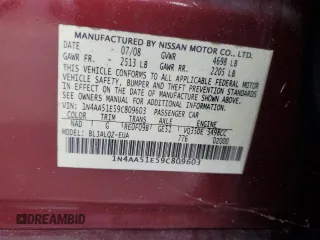 2009 Nissan Maxima SV with VIN 1N4AA51E59C809603, listed as a Copart auction lot 54609295 with 210,603 mi miles and Clean Title. Bid and sale history available at DreamBid. Image 12.