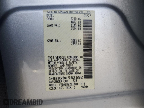 2022 Nissan LEAF SV Plus with VIN 1N4BZ1CV3NC562692, listed as a Copart auction lot 86774754 with Not Provided miles and Salvage Title. Bid and sale history available at DreamBid. Image 14.