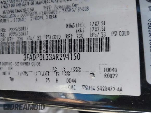 2010 Ford Fusion Hybrid with VIN 3FADP0L33AR294150, listed as a IAAI auction lot 42057023 with 197,497 mi miles. Bid and sale history available at carsss.com. Image 9.