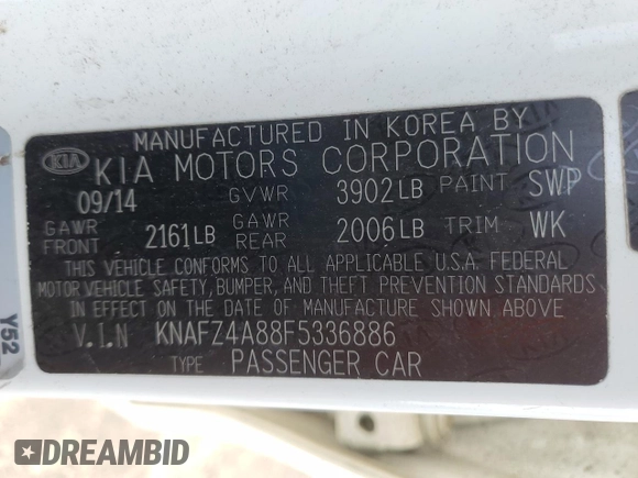 2015 Kia Forte EX with VIN KNAFZ4A88F5336886, listed as a Copart auction lot 54187295 with 106,653 mi miles and Salvage Title. Bid and sale history available at carsss.com. Image 12.