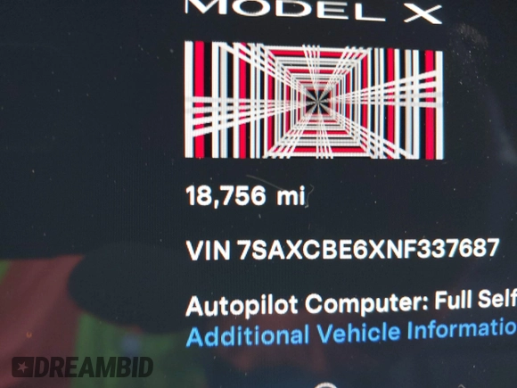 2022 Tesla Model X Plaid with VIN 7SAXCBE6XNF337687, listed as a IAAI auction lot 42035097 with 18,756 mi miles and . Bid and sale history available at DreamBid. Image 16.