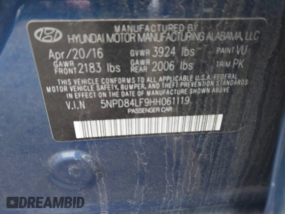 2017 Hyundai Elantra SE with VIN 5NPD84LF9HH061119, listed as a IAAI auction lot 41691304 with 109,518 mi miles and . Bid and sale history available at DreamBid. Image 9.
