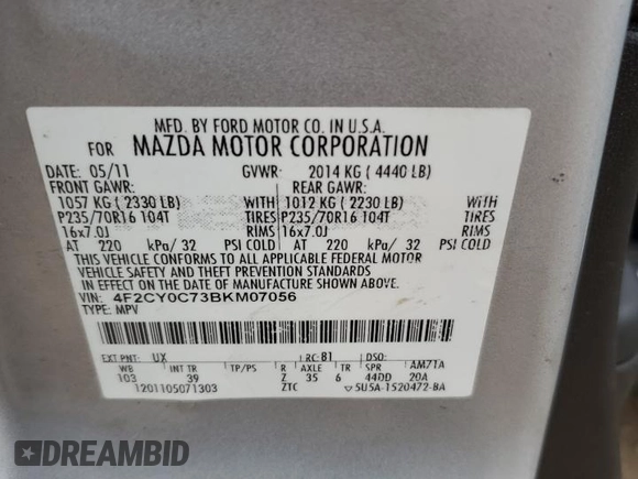 2011 Mazda Tribute Touring with VIN 4F2CY0C73BKM07056, listed as a Copart auction lot 85149404 with 138,265 mi miles and Salvage Title. Bid and sale history available at carsss.com. Image 14.