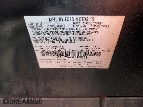 2011 Ford Taurus SE with VIN 1FAHP2DW5BG109353, listed as a Copart auction lot 53560195 with 169,432 mi miles and Salvage Title. Bid and sale history available at carsss.com. Image 12.