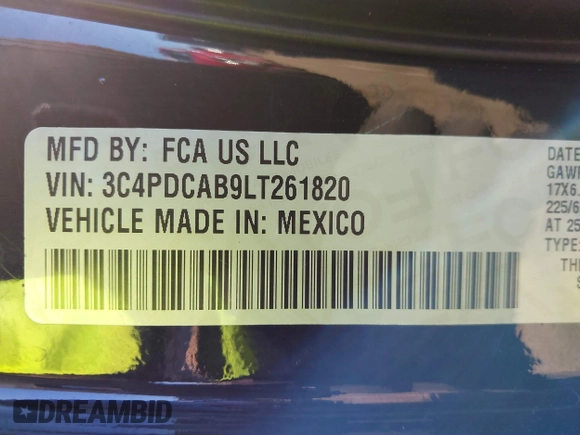 2020 Dodge Journey SE Value with VIN 3C4PDCAB9LT261820, listed as a IAAI auction lot 41688345 with 12,151 mi miles and . Bid and sale history available at DreamBid. Image 9.