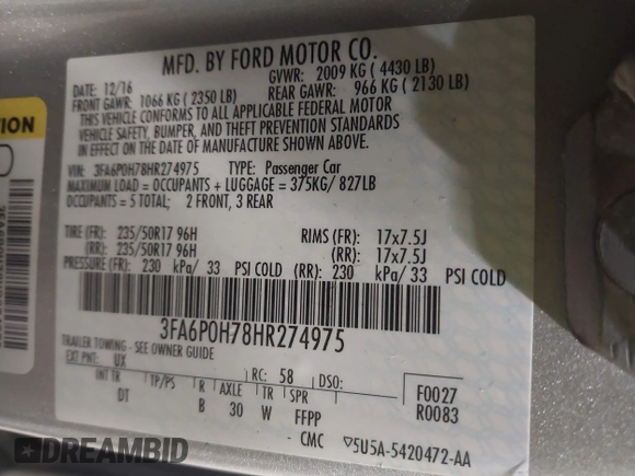 2017 Ford Fusion SE with VIN 3FA6P0H78HR274975, listed as a IAAI auction lot 42153659 with 134,908 mi miles and . Bid and sale history available at DreamBid. Image 9.