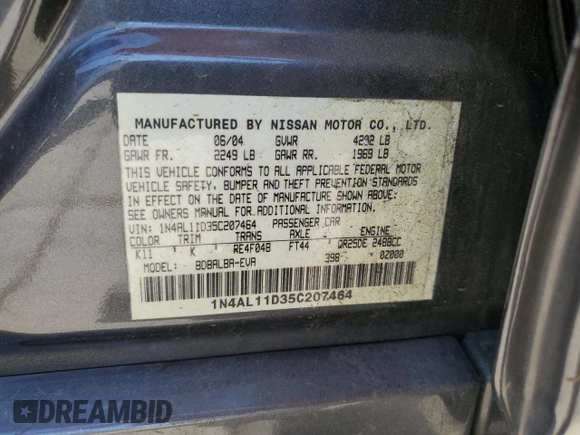 2005 Nissan Altima S with VIN 1N4AL11D35C207464, listed as a Copart auction lot 65409175 with 110,271 mi miles and Clean title. Bid and sale history available at DreamBid. Image 12.