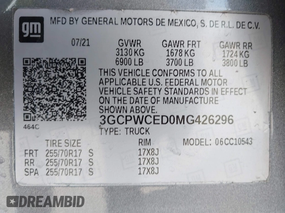 2021 Chevrolet Silverado 1500 LT with VIN 3GCPWCED0MG426296, listed as a IAAI auction lot 42032758 with 45,423 mi miles and . Bid and sale history available at DreamBid. Image 9.