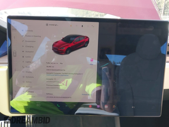 2023 Tesla Model S with VIN 5YJSA1E5XPF516779, listed as a IAAI auction lot 42110737 with 16,465 mi miles and . Bid and sale history available at DreamBid. Image 7.