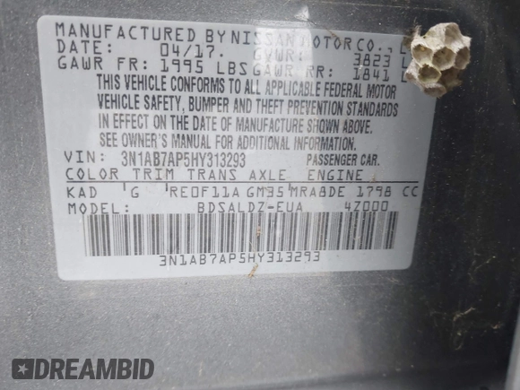 2017 Nissan Sentra SV with VIN 3N1AB7AP5HY313293, listed as a IAAI auction lot 42242781 with 123,125 mi miles and . Bid and sale history available at DreamBid. Image 9.