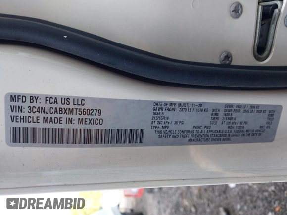 2021 Jeep Compass Sport с VIN 3C4NJCABXMT560279, выставлен на аукционе IAAI как лот 42412425 с пробегом 53 374 миль миль и . История ставок и продаж доступна на DreamBid. Изображение 9.