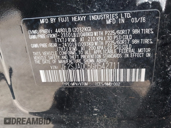 2016 Subaru Forester Premium with VIN JF2SJADC5GH542711, listed as a IAAI auction lot 42000818 with 55,179 mi miles and . Bid and sale history available at carsss.com. Image 9.