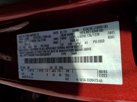 2019 Ford Super Duty F-250 SRW XL with VIN 1FT7W2BT4KEE02027, listed as a Copart auction lot 45267125 with 26,275 mi miles and Salvage Title. Bid and sale history available at carsss.com. Image 12.