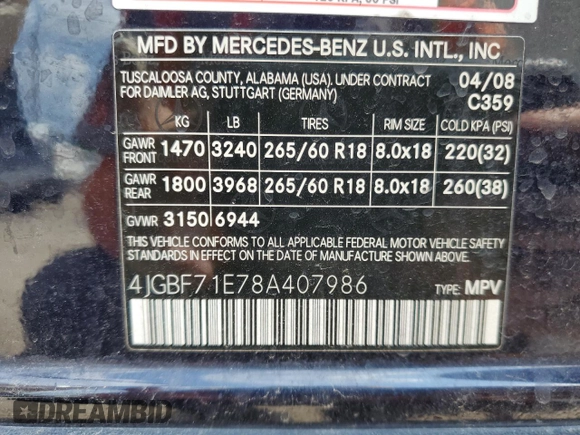2008 Mercedes-Benz GL-Class 4.6L with VIN 4JGBF71E78A407986, listed as a Copart auction lot 58314324 with 170,835 mi miles and Clean Title. Bid and sale history available at carsss.com. Image 13.