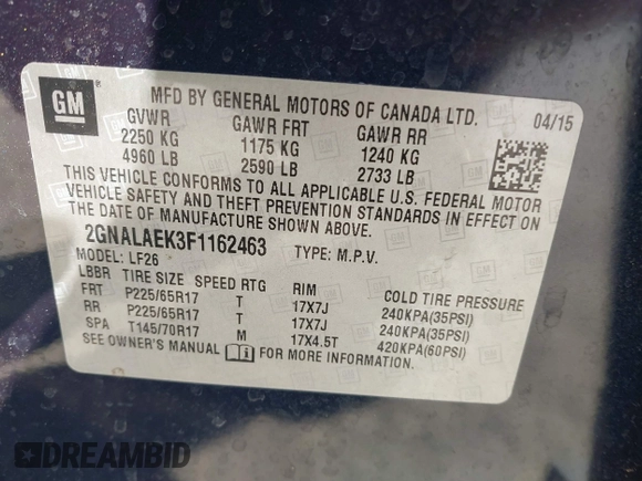 2015 Chevrolet Equinox LS with VIN 2GNALAEK3F1162463, listed as a IAAI auction lot 41299412 with 39,599 mi miles and . Bid and sale history available at DreamBid. Image 9.