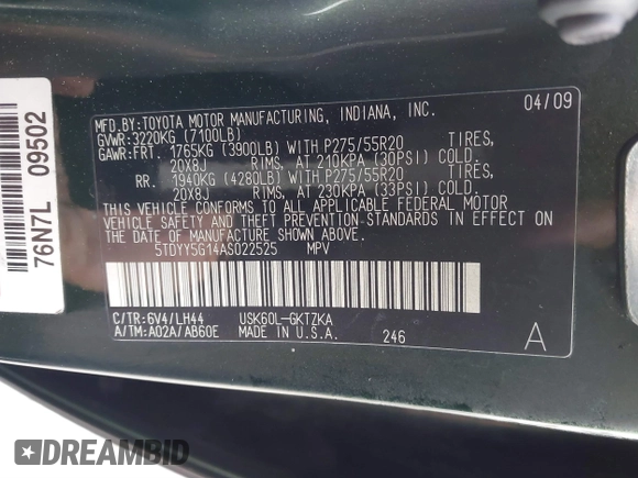 2010 Toyota Sequoia Platinum with VIN 5TDYY5G14AS022525, listed as a IAAI auction lot 41788508 with 205,415 mi miles. Bid and sale history available at carsss.com. Image 9.