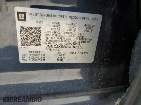 2019 Chevrolet Trax LS with VIN 3GNCJKSB7KL161155, listed as a Copart auction lot 49482395 with 57,465 mi miles and Salvage Title. Bid and sale history available at carsss.com. Image 15.