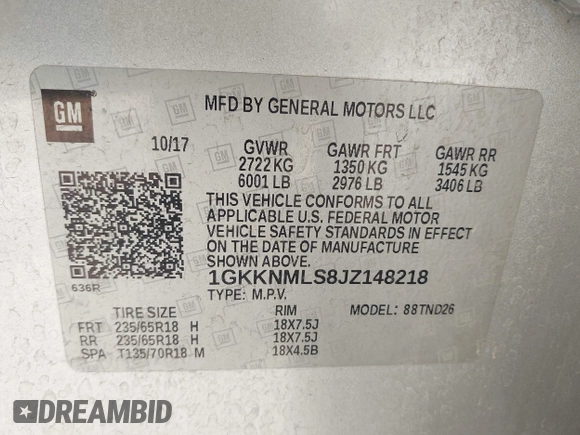 2018 GMC Acadia SLT with VIN 1GKKNMLS8JZ148218, listed as a IAAI auction lot 42494742 with 150,488 mi miles and . Bid and sale history available at DreamBid. Image 9.