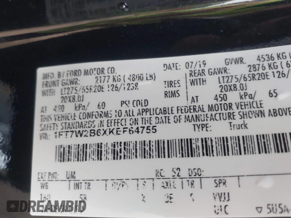 2019 Ford F-250 XL с VIN 1FT7W2B6XKEF64755, выставлен на аукционе IAAI как лот 42070585 с пробегом 128 538 миль миль и . История ставок и продаж доступна на DreamBid. Изображение 9.
