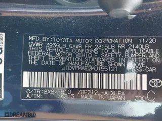 2021 Toyota Corolla LE with VIN JTDVPMAE2MJ155121, listed as a IAAI auction lot 41683464 with 205,384 mi miles. Bid and sale history available at carsss.com. Image 9.