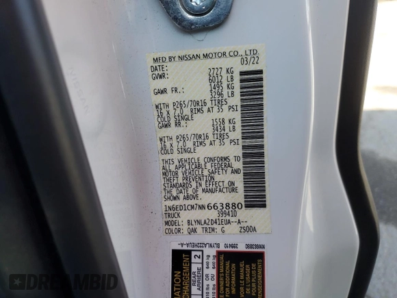 2022 Nissan Frontier S with VIN 1N6ED1CM7NN663880, listed as a Copart auction lot 67846884 with 30,240 mi miles and Salvage title. Bid and sale history available at DreamBid. Image 12.