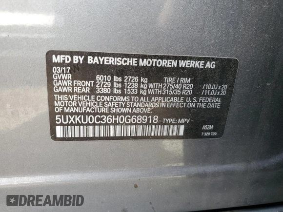 2017 BMW X6 sDrive35i with VIN 5UXKU0C36H0G68918, listed as a Copart auction lot 47651583 with 54,972 mi miles. Bid and sale history available at carsss.com. Image 14.