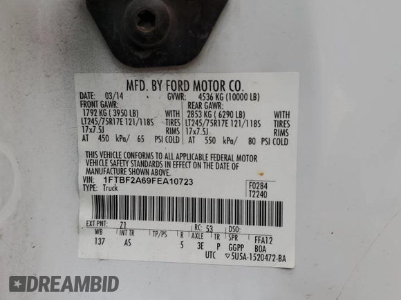 2015 Ford F-250 XL z VIN 1FTBF2A69FEA10723, wystawiony jako Copart lot #51295155 z przebiegiem 195 833 mil mil oraz Szkoda całkowita • Salvage title. Historia ofert i sprzedaży dostępna na DreamBid. Obrazek 12.