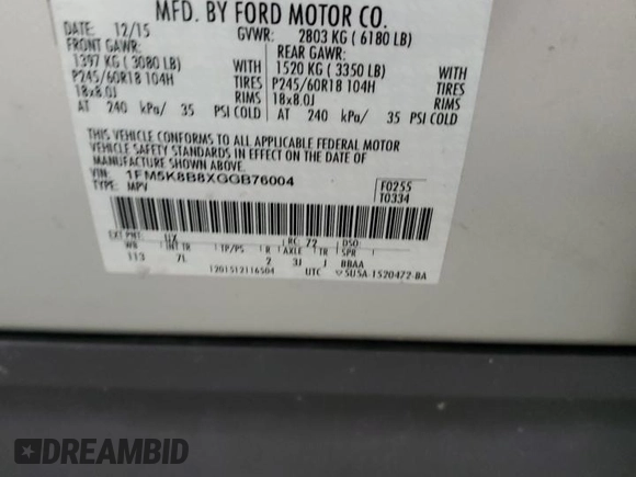 2016 Ford Explorer with VIN 1FM5K8B8XGGB76004, listed as a Copart auction lot 58170285 with 111,885 mi miles and Clean title. Bid and sale history available at DreamBid. Image 12.
