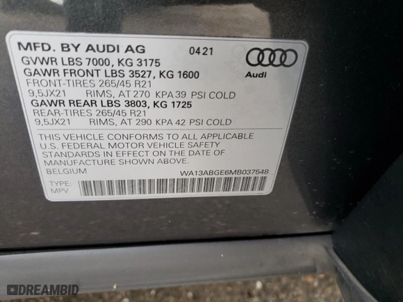 2021 Audi e-tron Sportback Prestige with VIN WA13ABGE6MB037548, listed as a Copart auction lot 45375615 with 39,095 mi miles and Salvage Title. Bid and sale history available at carsss.com. Image 13.