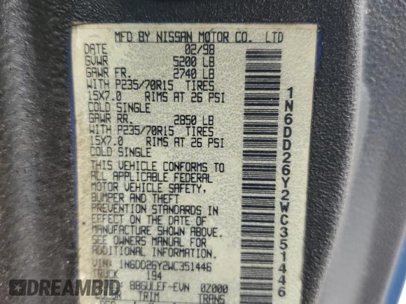 1998 Nissan Frontier XE z VIN 1N6DD26Y2WC351446, wystawiony jako Copart lot #60441815 z przebiegiem Nie podano mil oraz Szkoda całkowita • Salvage title. Historia ofert i sprzedaży dostępna na DreamBid. Obrazek 13.