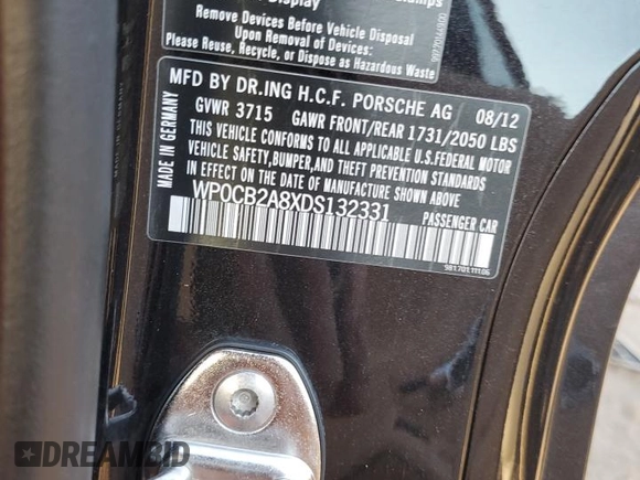 2013 Porsche Boxster S with VIN WP0CB2A8XDS132331, listed as a Copart auction lot 72467644 with 57,156 mi miles and Salvage Title. Bid and sale history available at carsss.com. Image 12.