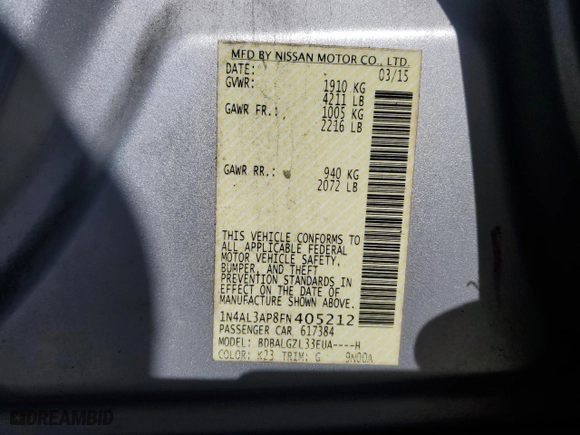 2015 Nissan Altima 2.5 S with VIN 1N4AL3AP8FN405212, listed as a Copart auction lot 84347774 with 172,581 mi miles and Clean Title. Bid and sale history available at carsss.com. Image 12.