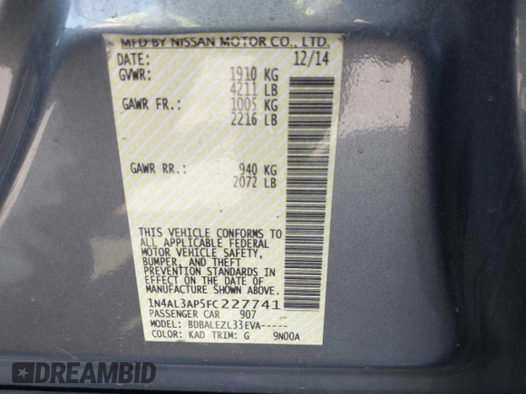 2015 Nissan Altima S with VIN 1N4AL3AP5FC227741, listed as a IAAI auction lot 42112501 with 93,879 mi miles and . Bid and sale history available at DreamBid. Image 9.