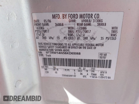 2006 Ford F-150 XLT с VIN 1FTRW14W56KD65068, выставлен на аукционе IAAI как лот 42481061 с пробегом 229 522 миль миль и . История ставок и продаж доступна на DreamBid. Изображение 9.