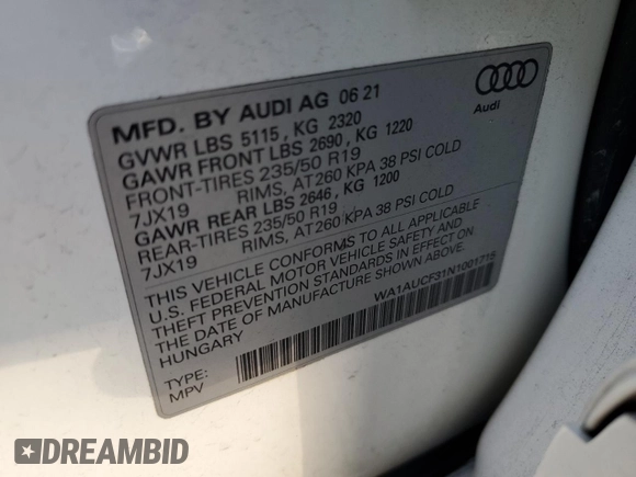 2022 Audi Q3 Premium with VIN WA1AUCF31N1001715, listed as a Copart auction lot 51365625 with 27,666 mi miles and Non repairable. Bid and sale history available at DreamBid. Image 15.