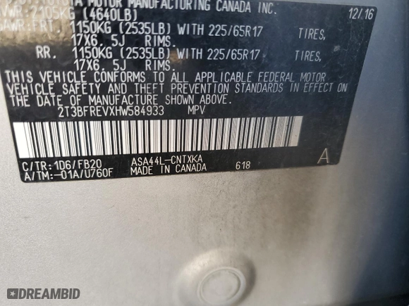 2017 Toyota RAV4 LE with VIN 2T3BFREVXHW584933, listed as a Copart auction lot 46255795 with 74,691 mi miles and Salvage Title. Bid and sale history available at carsss.com. Image 12.