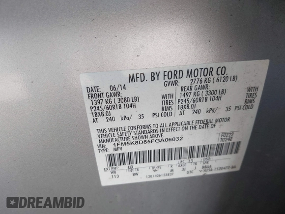 2015 Ford Explorer XLT with VIN 1FM5K8D85FGA06032, listed as a IAAI auction lot 41169234 with 131,031 mi miles and . Bid and sale history available at carsss.com. Image 9.