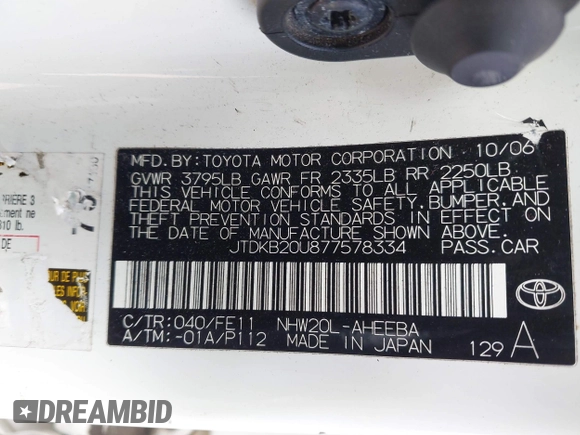 2007 Toyota Prius with VIN JTDKB20U877578334, listed as a IAAI auction lot 41913146 with 195,752 mi miles. Bid and sale history available at carsss.com. Image 9.