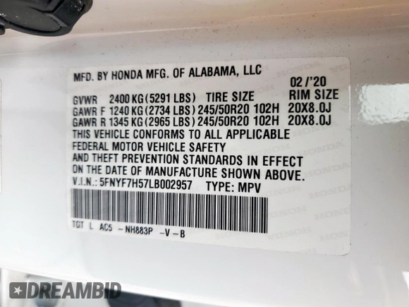 2020 Honda Passport EX-L with VIN 5FNYF7H57LB002957, listed as a Copart auction lot 51022825 with 74,868 mi miles and Salvage Title. Bid and sale history available at DreamBid. Image 13.