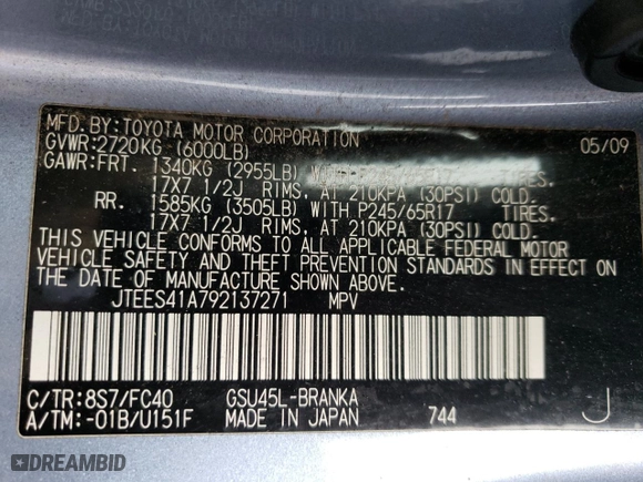 2009 Toyota Highlander with VIN JTEES41A792137271, listed as a Copart auction lot 47890735 with 126,042 mi miles and Salvage Title. Bid and sale history available at carsss.com. Image 13.