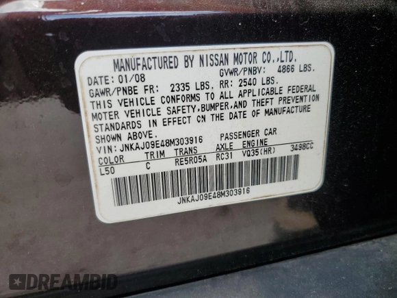 2008 Infiniti EX Journey with VIN JNKAJ09E48M303916, listed as a Copart auction lot 54408335 with Not provided miles and Non repairable. Bid and sale history available at DreamBid. Image 12.