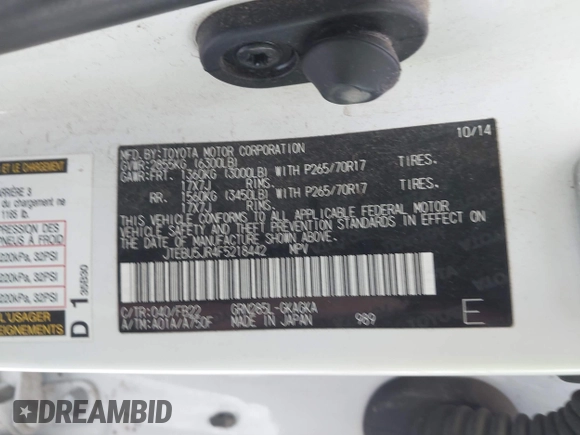 2015 Toyota 4Runner Limited with VIN JTEBU5JR4F5218442, listed as a IAAI auction lot 41250608 with Not provided miles and . Bid and sale history available at DreamBid. Image 9.