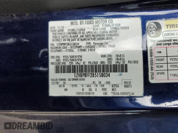 2011 Ford Mustang GT with VIN 1ZVBP8FF2B5158034, listed as a Copart auction lot 73956514 with 140,462 mi miles and Salvage Title. Bid and sale history available at DreamBid. Image 14.