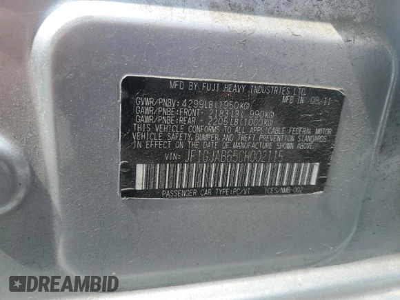2012 Subaru Impreza Premium z VIN JF1GJAB65CH002115, wystawiony jako Copart lot #54922185 z przebiegiem Nie podano mil oraz Szkoda całkowita • Salvage title. Historia ofert i sprzedaży dostępna na DreamBid. Obrazek 12.