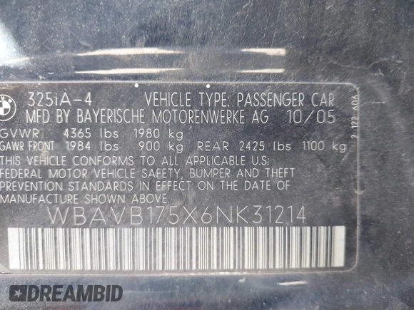 2006 BMW 3 Series 325i with VIN WBAVB175X6NK31214, listed as a IAAI auction lot 42235646 with Not provided miles and . Bid and sale history available at DreamBid. Image 9.